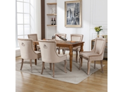 Conjunto De 6 Cadeiras Luxuosas Em Veludo Bege Com Tachas Decorativas E Pés De Madeira Maciça.