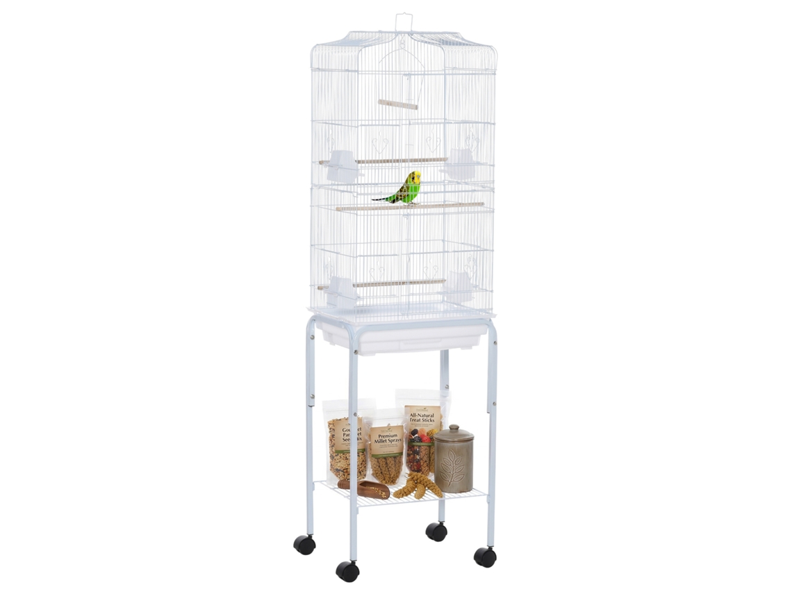 Gaiola Pássaros Suporte 4 Rodas 4 Comedouros 3 Poleiros Bandeja Removível 46,5x36x157 Branco