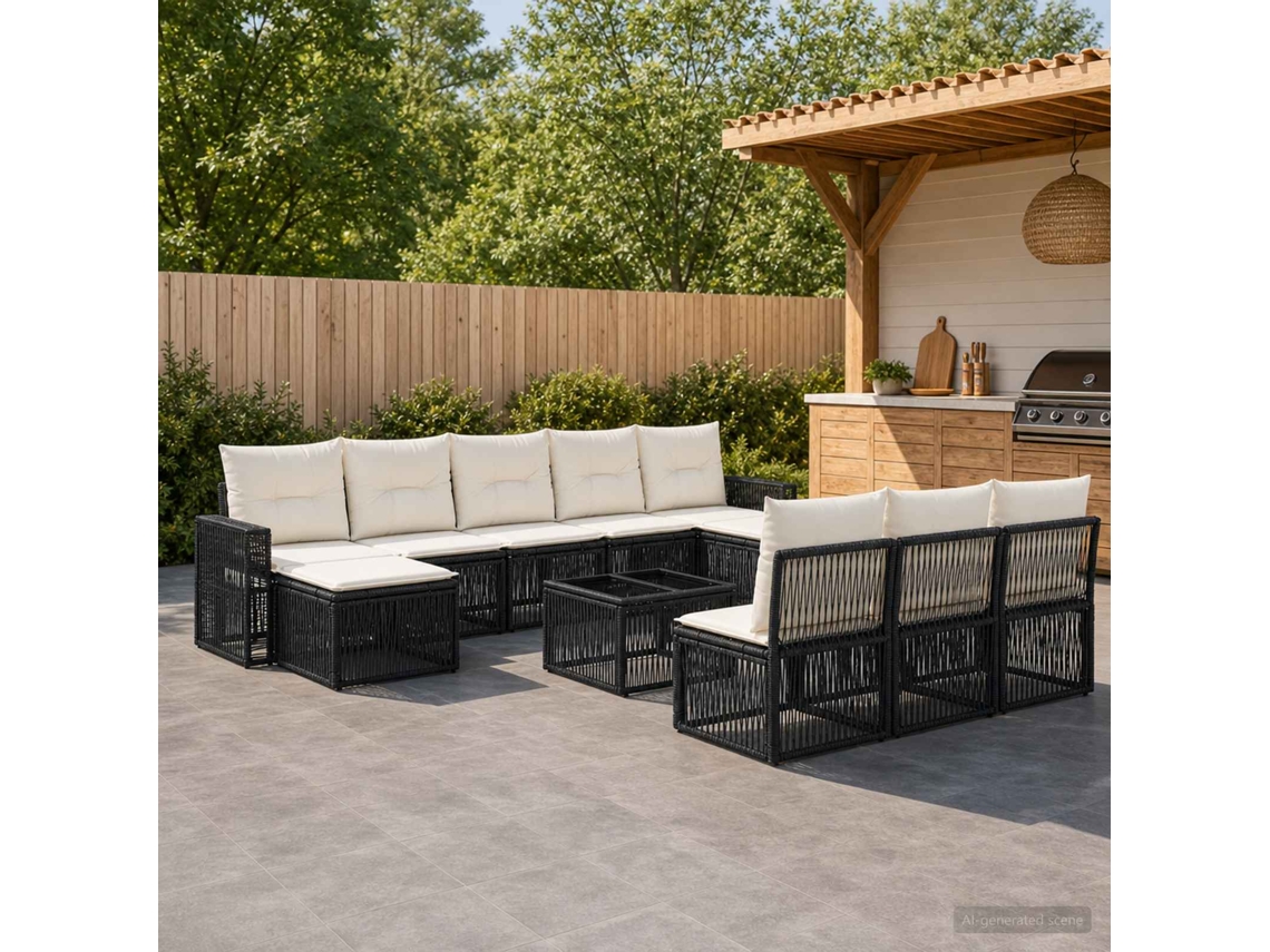 Vidaxl Conjunto De Sofá De Jardim 11 Unid. Preto E Branco Creme