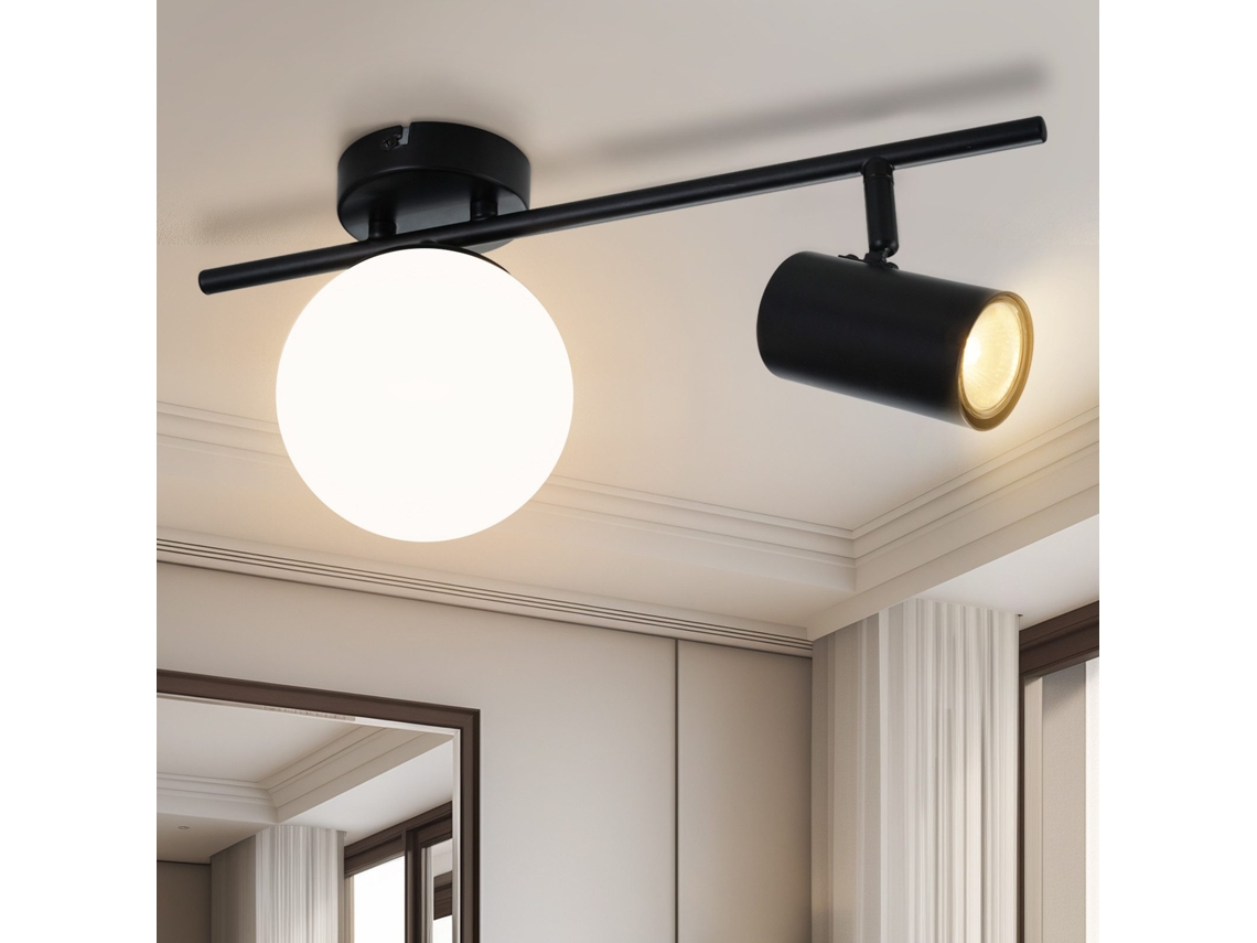 Nettlife Candeeiro De Teto Com 2 Focos Preto Moderno Giratório 40 Cm Metal E Bola De Vidro E14, Regulável, Orientáveis, Para Uso Diário
