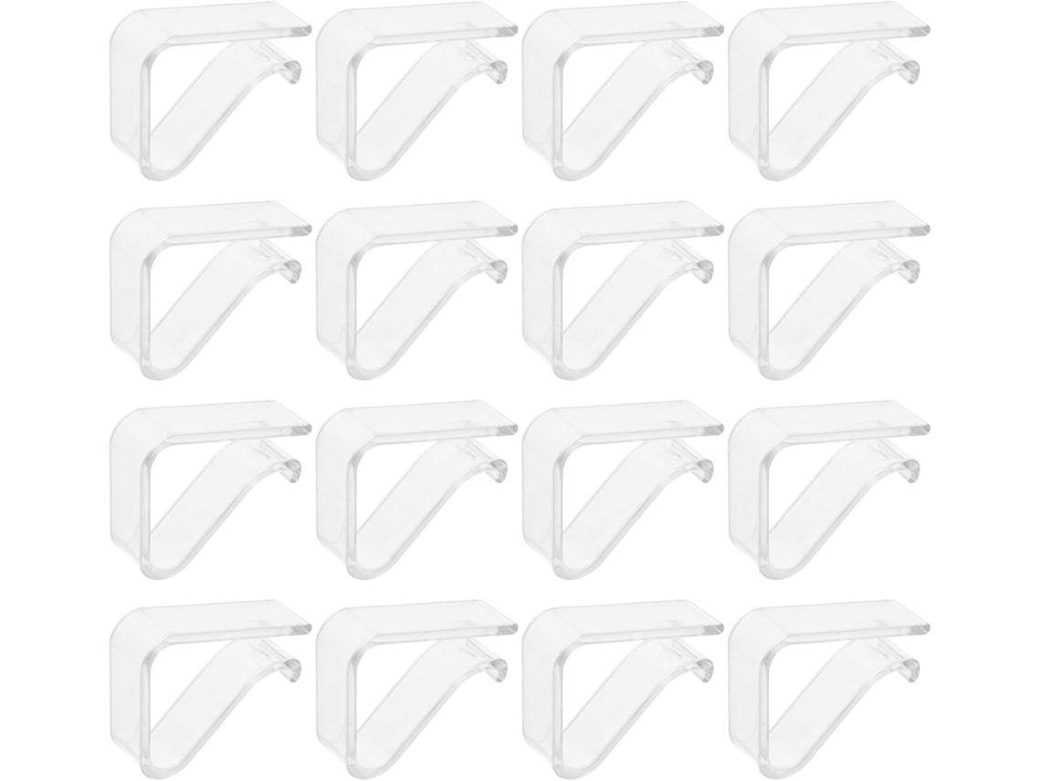 Conjunto de 24 prendedores de toalha de mesa transparentes para fixação em mesas.