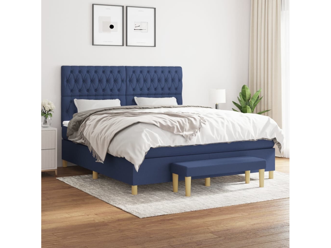 Cama Com Molas/colchão 180x200 Cm Tecido Azul