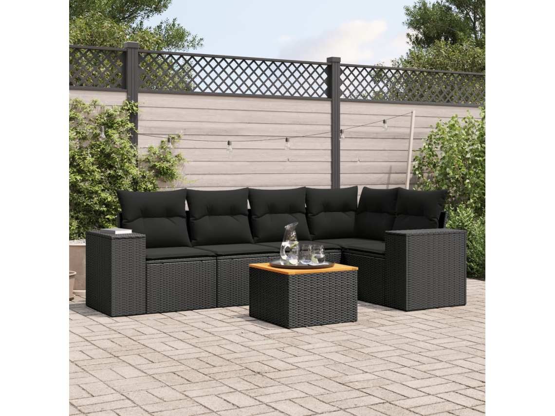 Vidaxl 6 Pcs Conjunto Sofás De Jardim C/ Almofadões Vime Pe Preto