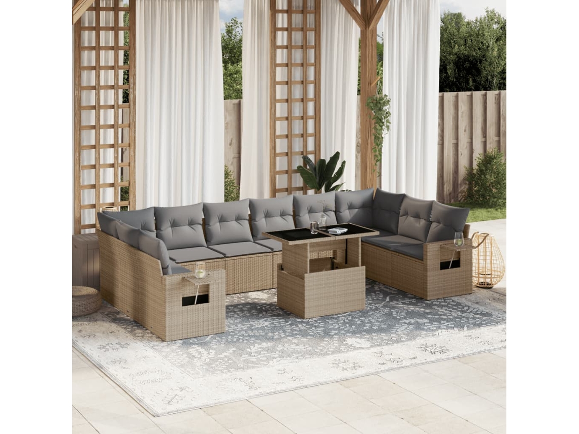 Vidaxl 11 Pcs Conjunto Sofás De Jardim C/ Almofadões Vime Pe Bege