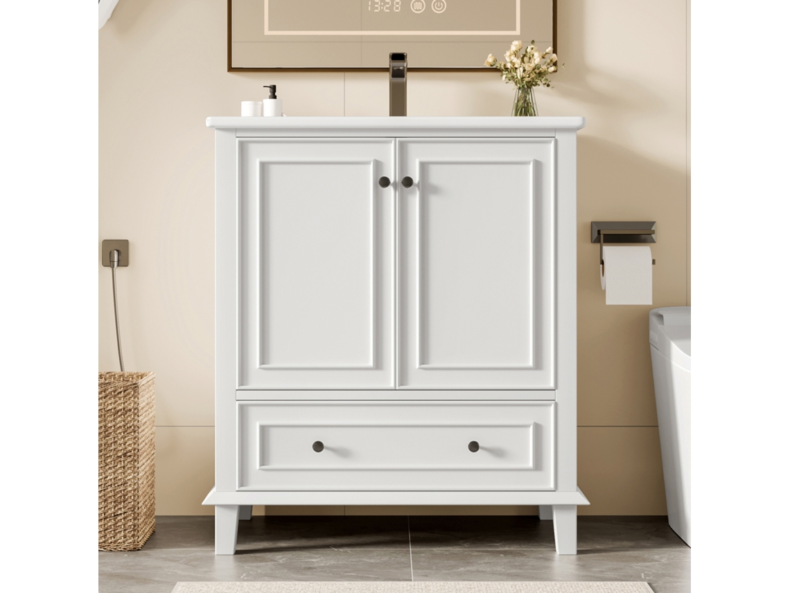Móvel De Casa De Banho Com Pés Com Lavatório Em Cerâmica 2 Portas E 1 Gaveta Branco Estilo (torneira Não Incluída)