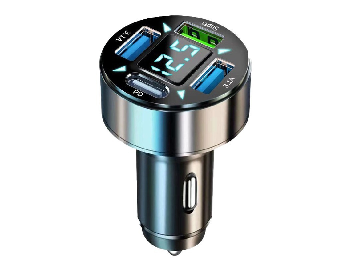 Carregador Isqueiro Metálico 4 Portas Pd Usb Super Carga Rápida Display Voltagem Luz Led Para Veículos