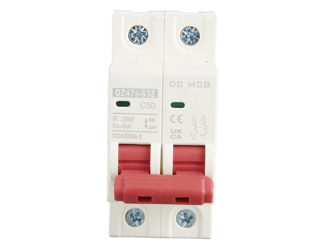 Disjuntor CC 2P 50A 1000V para proteção contra curto-circuito em sistemas fotovoltaicos de até 6000A