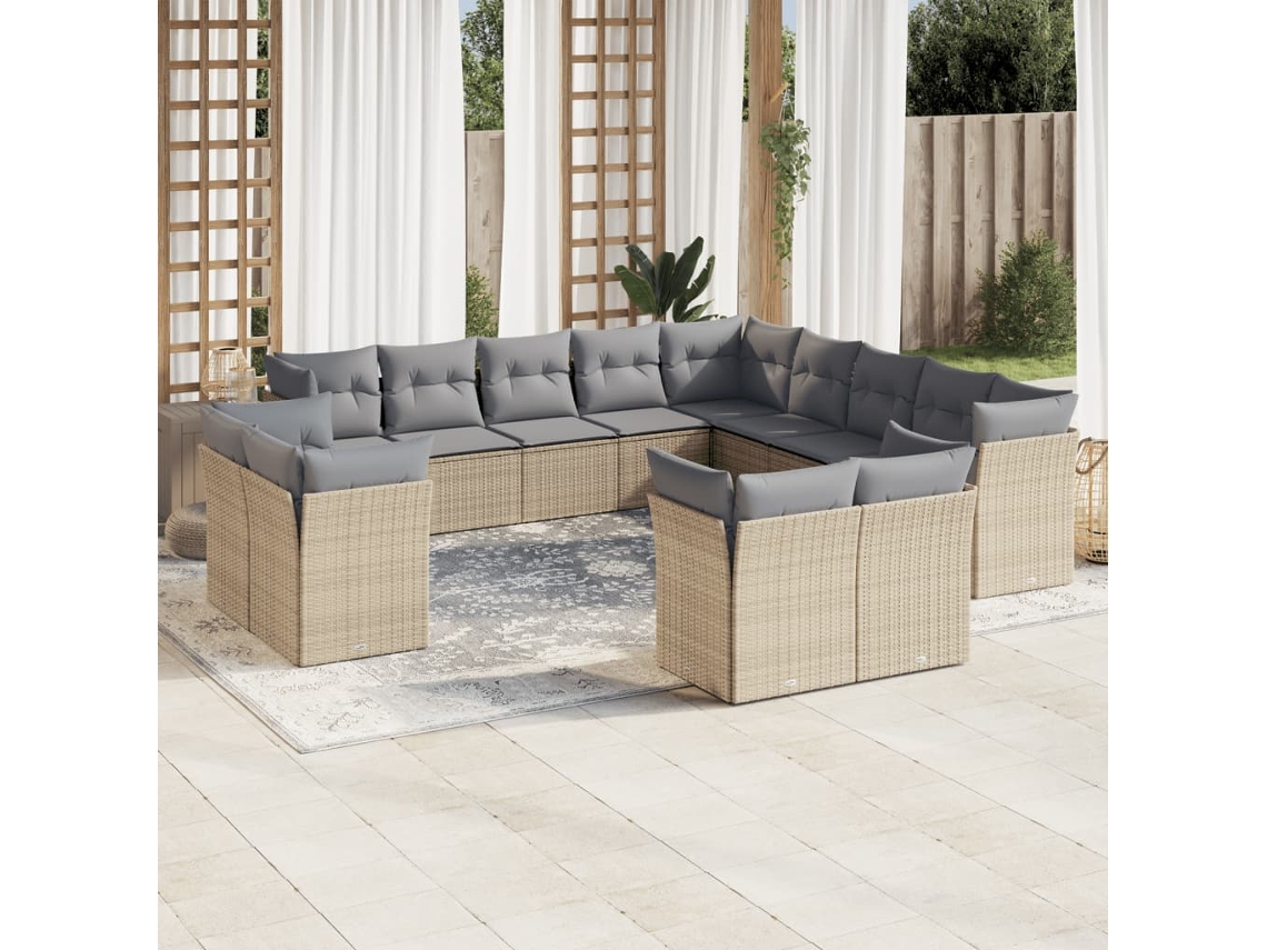 Vidaxl 13 Pcs Conjunto De Sofás P/ Jardim Com Almofadões Vime Pe Bege