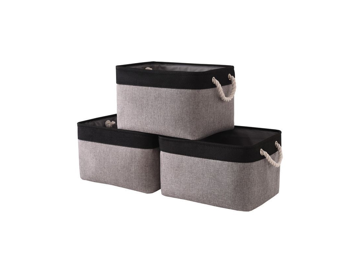 Caixa de armazenamento de tecido de linho, 3 peças, pequena, cinza preto, dobrável, com alças, 12.2x5.1x8.2 polegadas S/MARCA
