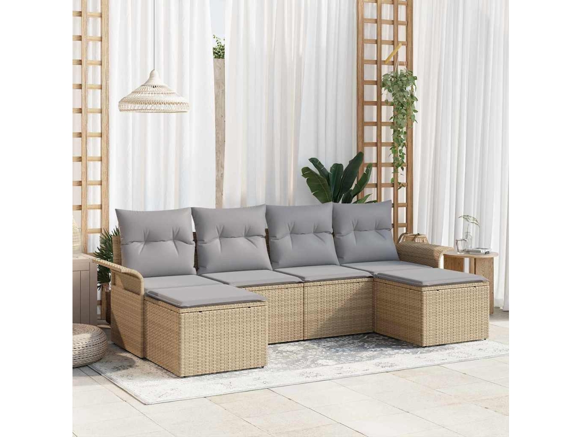 Vidaxl Conjunto De Sofá De Jardim Com Almofada 6 Pcs Bege Vime Pe