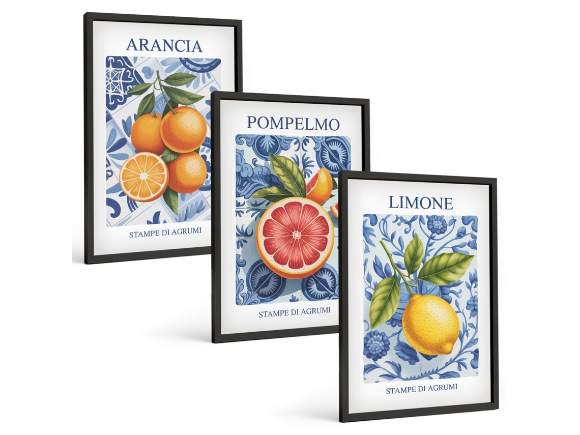 Composição De Quadros Na Parede Frutas Cítricas Vintage Ilustrações Moldura Preta Fotos Para O Escritório Espelharte (3 Piezas De 40x60 Cm)