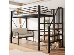 Cama De Etagem 90x200 Metal Com Sofá Acolchoado Armazenamento Escada Segura Preto
