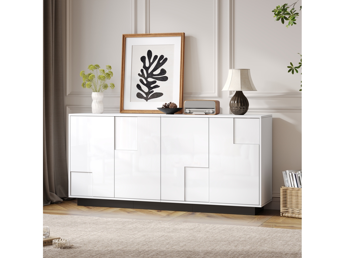Aparador Alto Brilho, 160x37x75,5 cm, com 4 Portas, Geométrico, Branco/preto Ge