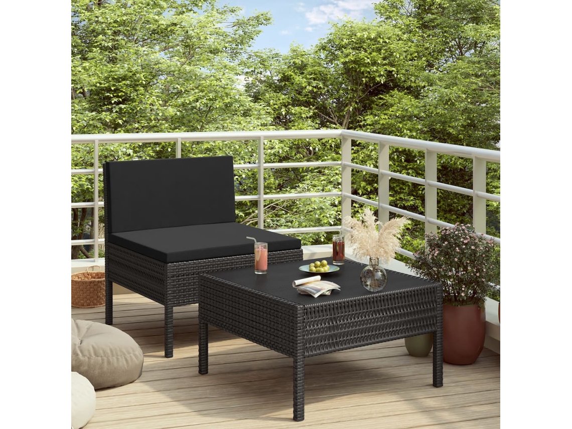 Vidaxl 2 Pcs Conjunto Lounge De Jardim C/ Almofadões Vime Pe Preto