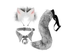 Conjunto Mali Orelhas Cauda Raposa Lobo Pelúcia Falsa Colar Cosplay Halloween Anime Cinza Escuro