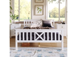 Cama Casal Infantil Branca 140x200 Cm, Pinho Maciço, Estrado Ripas