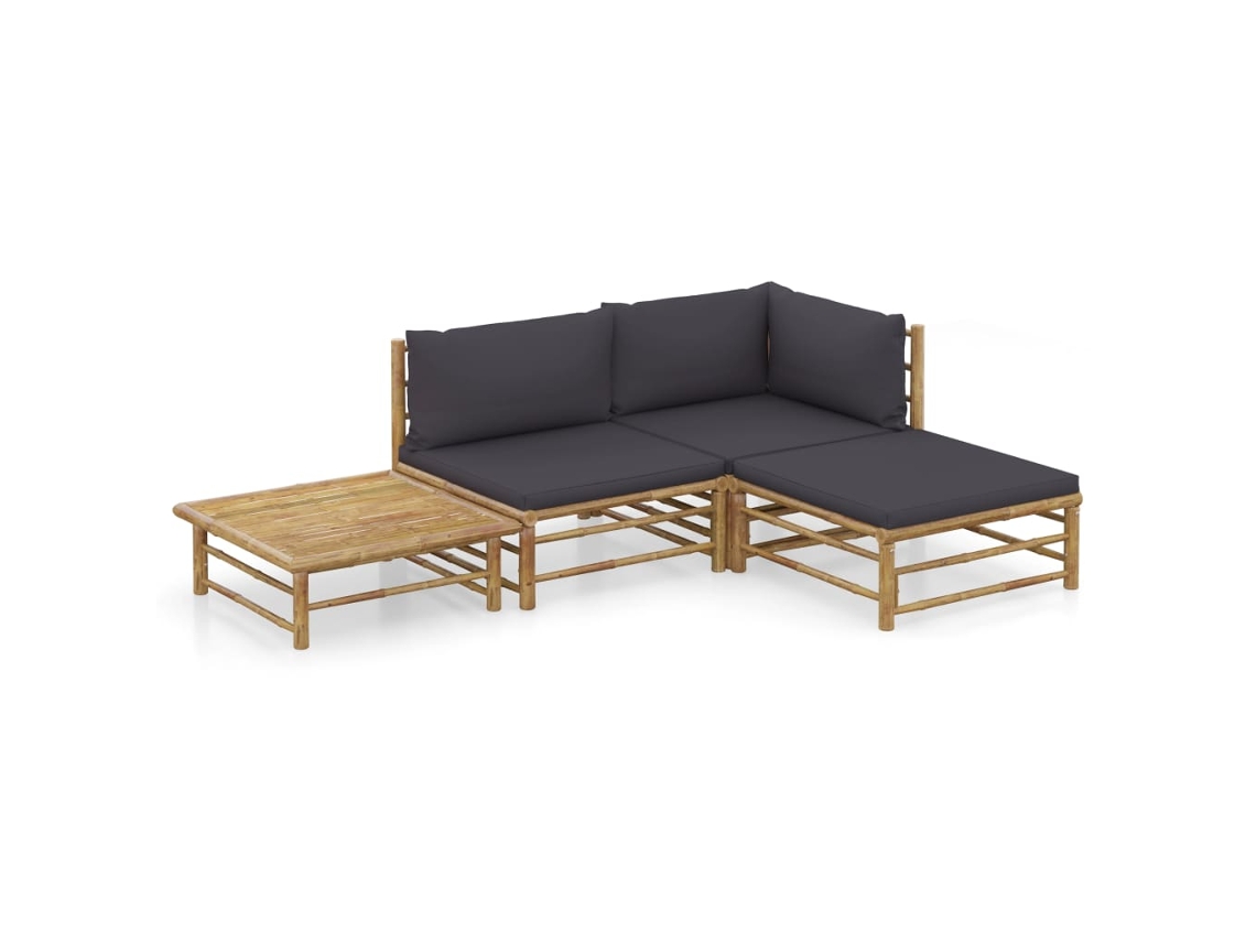 Vidaxl 4 Pcs Conj. Lounge Jardim Em Bambu C/ Almofadões Cinza-escuro