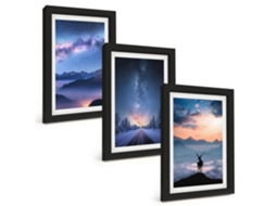 Composição De Quadros Na Parede Céu Noturno, Montanhas, Neblina, Veado Moldura Preta Pinturas De Quarto Espelharte (3 Peças 20x30 Cm)