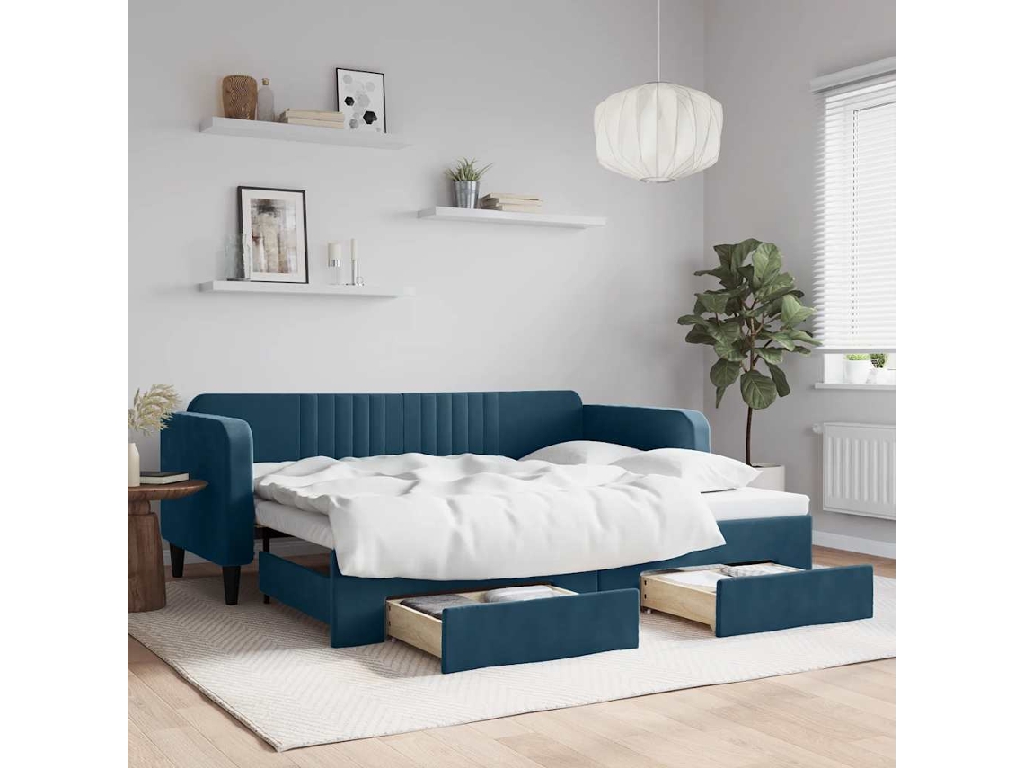 Cama De Solteiro | Camas Para Quarto | Sofá-cama Com Gavetão E Gavetas 90x200 Cm Veludo Azul