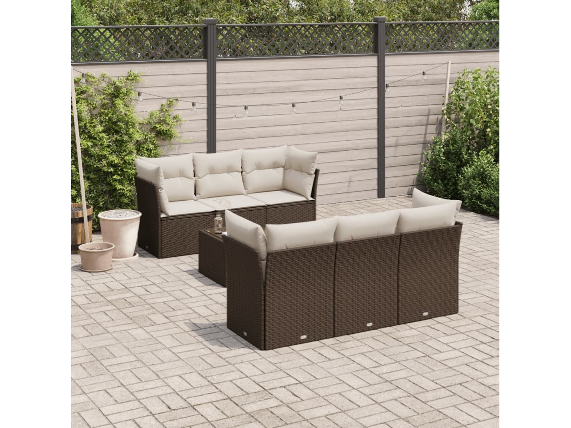 Vidaxl 7 Pcs Conjunto De Sofás Jardim C/ Almofadões Vime Pe Castanho