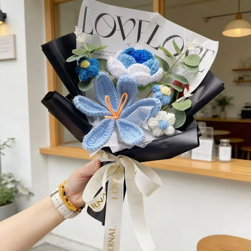 (azul) Buquê De Rosas E Tulipas Artificiais De Crochê Para Presente