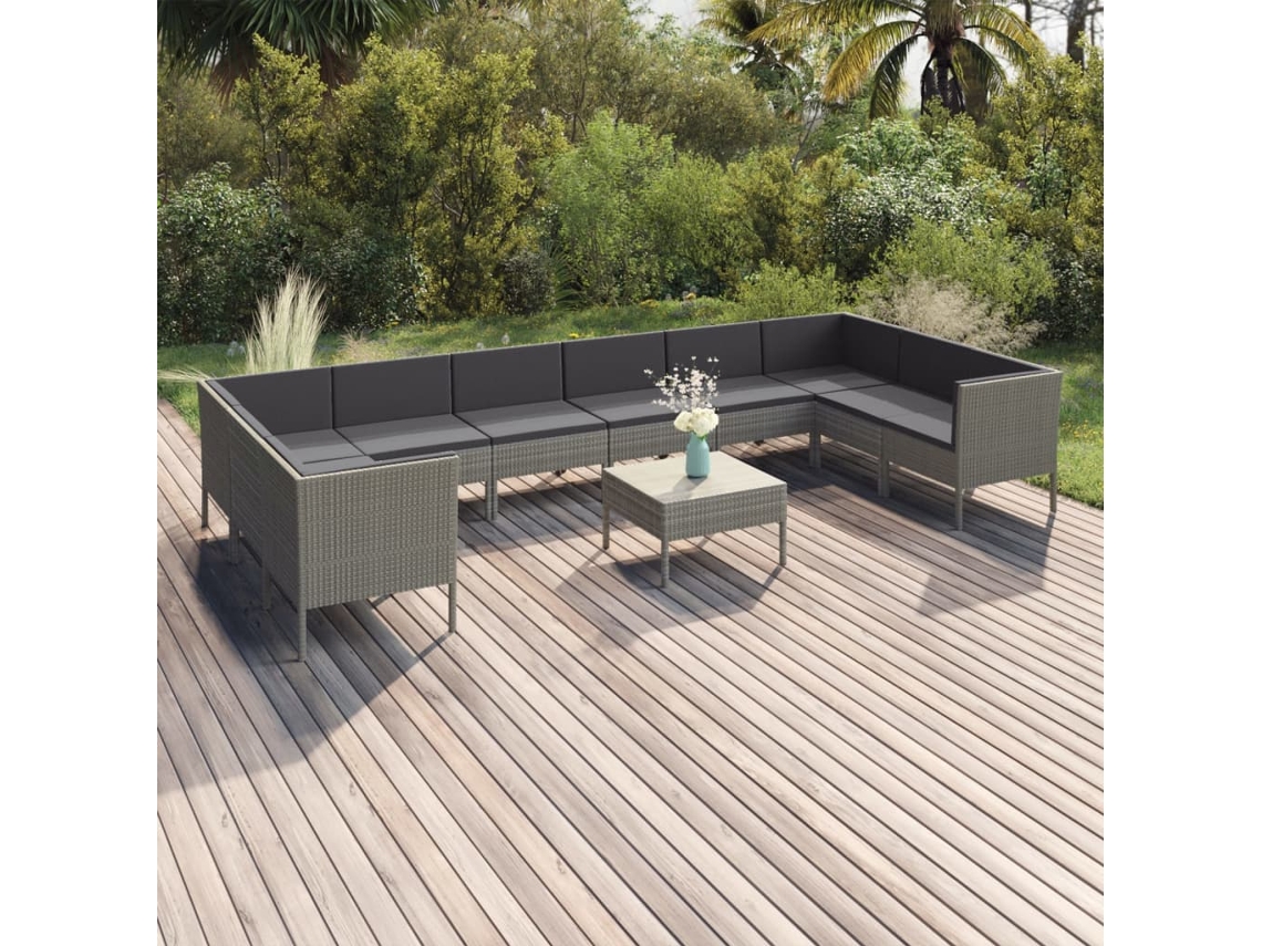 11 Pcs Conjunto Lounge De Jardim C/ Almofadões Vime Pe Cinza Dkd Home Decor
