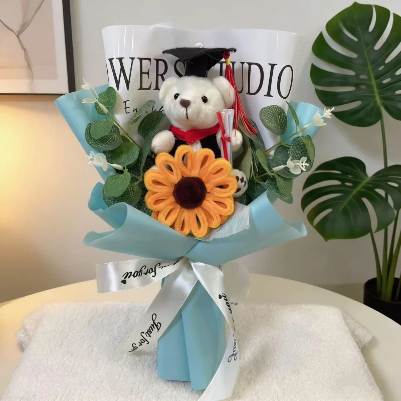 (azul 32cm) Urso De Pelúcia Com Chapéu De Formatura E Buquê Criativo De Girassóis Artificiais Feito À Mão