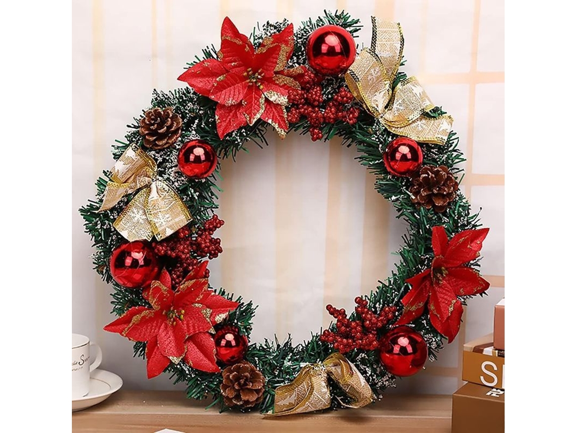 Corona De Navidad Artificial De 40 Cm Con Piñas, Lazos, Flores, Bayas Y Bolas