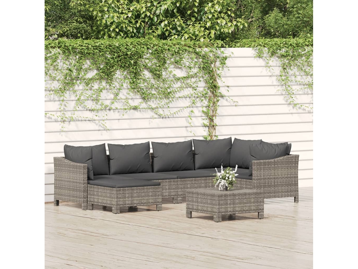 Vidaxl 7 Pcs Conjunto Lounge De Jardim C/ Almofadões Vime Pe Cinzento