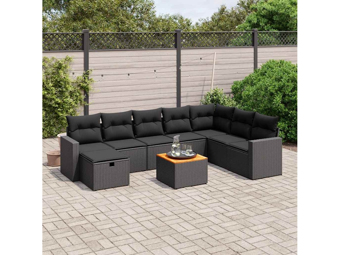 Vidaxl 9 Pcs Conjunto De Sofás P/ Jardim C/ Almofadões Vime Pe Preto