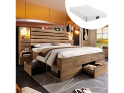 Cama Eucalipto 160x200cm Com Led, Usb-c, Nicho E Gavetas + Colchão