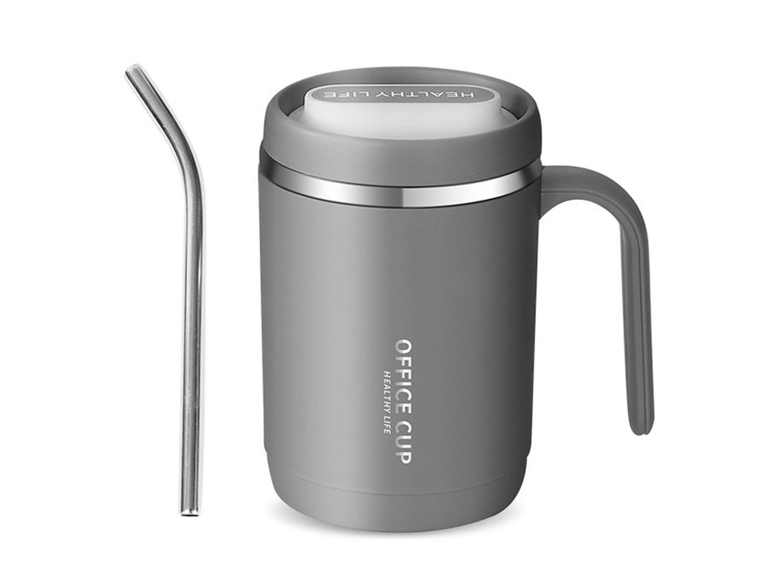 Caneca com Alça 500Ml/16 9Oz Copo de Viagem em Aço Inoxidável 304 com Tampa e Canudo Parede Dupla Cinza RNEMITERY
