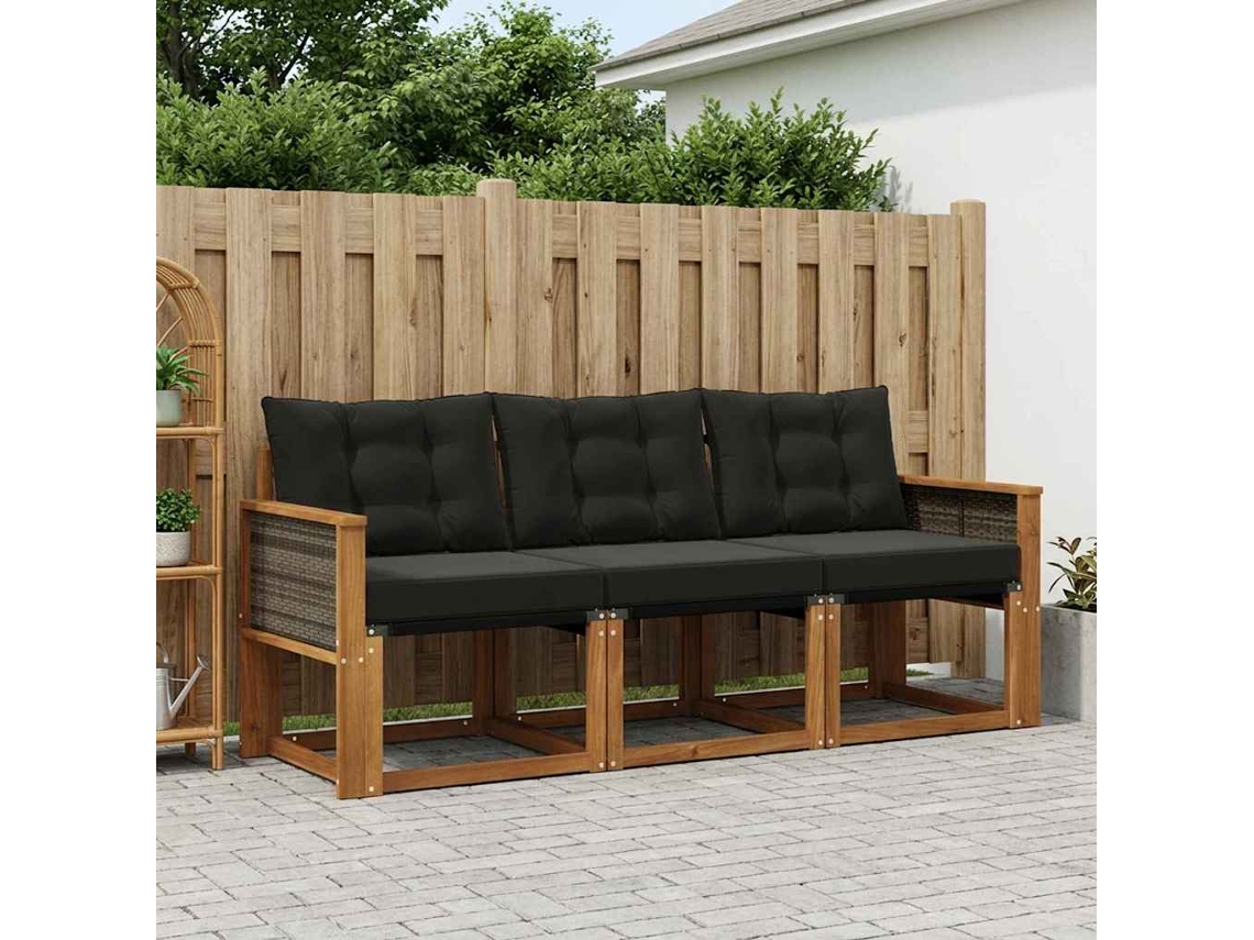 Vidaxl Conjunto De Sofás Para Exterior 3 Unid. Natural E Preto