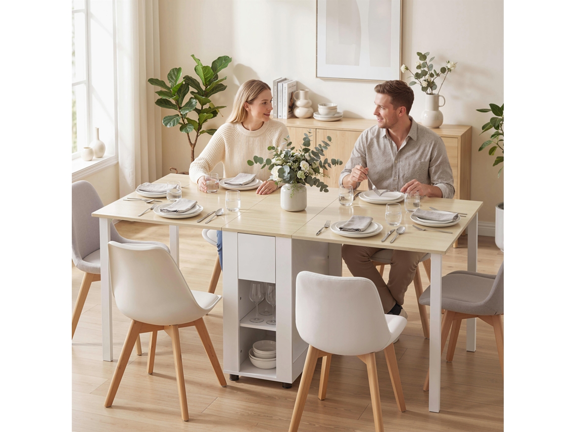 Mesa De Cocina Plegable Para 6 Personas Con Alas Abatibles Cajón Estantes Abiertos 168,2x85x73 Cm Blanco