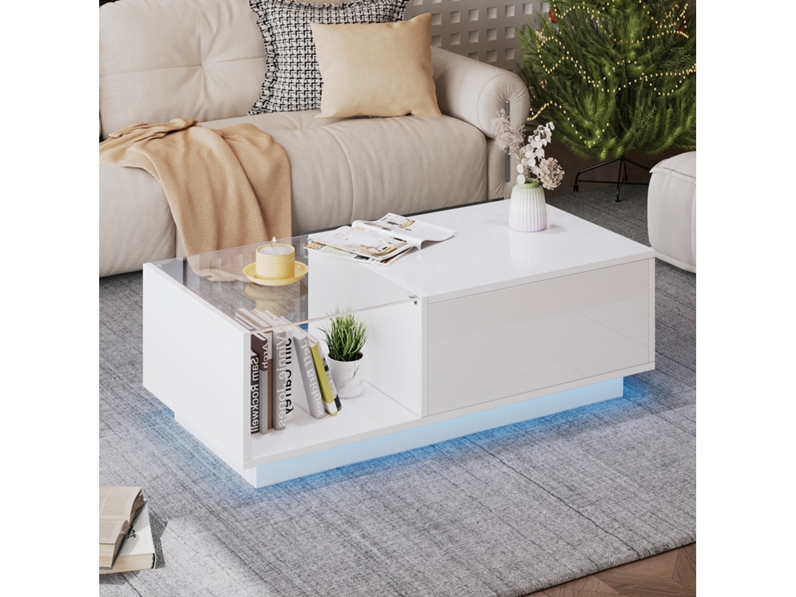 Mesa De Centro Led Brilhante Ajustável Com Armazenamento Oculto 50x100x Cm Branca Para Sala De Estar Mega Echo Trade Shop (33 46,5)