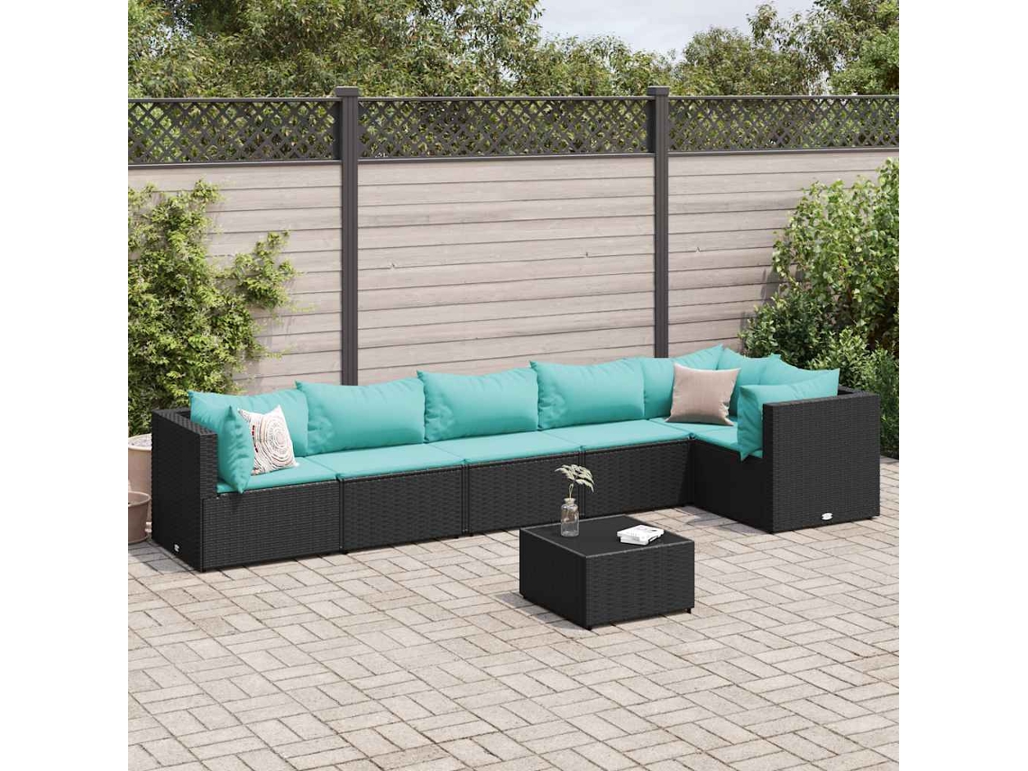 Vidaxl 7 Pcs Conjunto Lounge De Jardim C/ Almofadões Vime Pe Preto