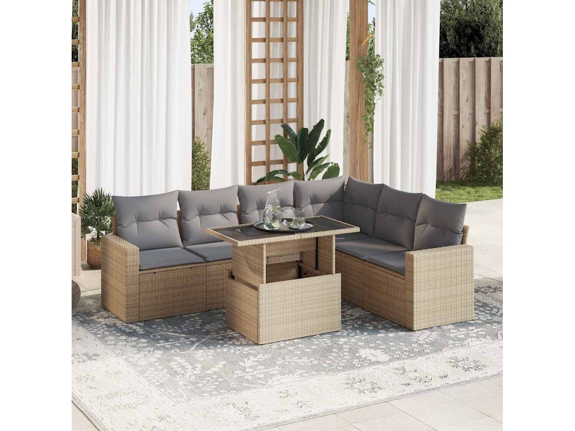 Vidaxl 7 Pcs Conjunto De Sofás P/ Jardim Com Almofadões Vime Pe Bege