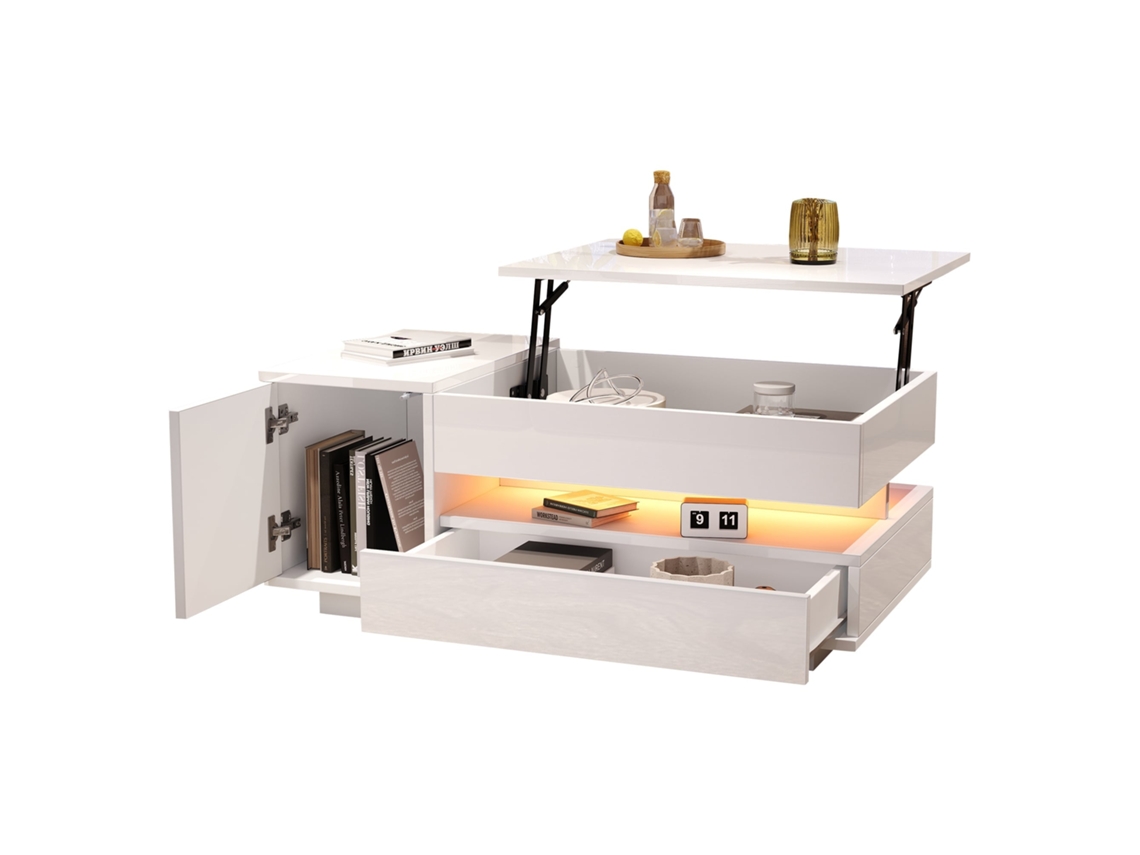 Mesa de Centro Elevável Branca 95x50cm com Led,1 Gaveta e Armário,mesa de Chá com Armazenamento Oculto e Semiaberto PAPRIKA SHOP