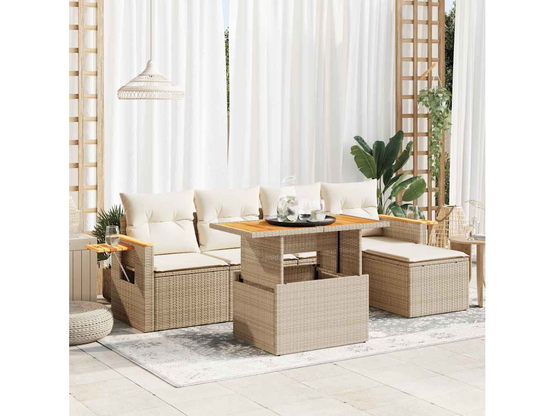 Vidaxl 6 Pcs Conjunto Sofás Jardim Com Almofadões Vime Pe/acácia Bege