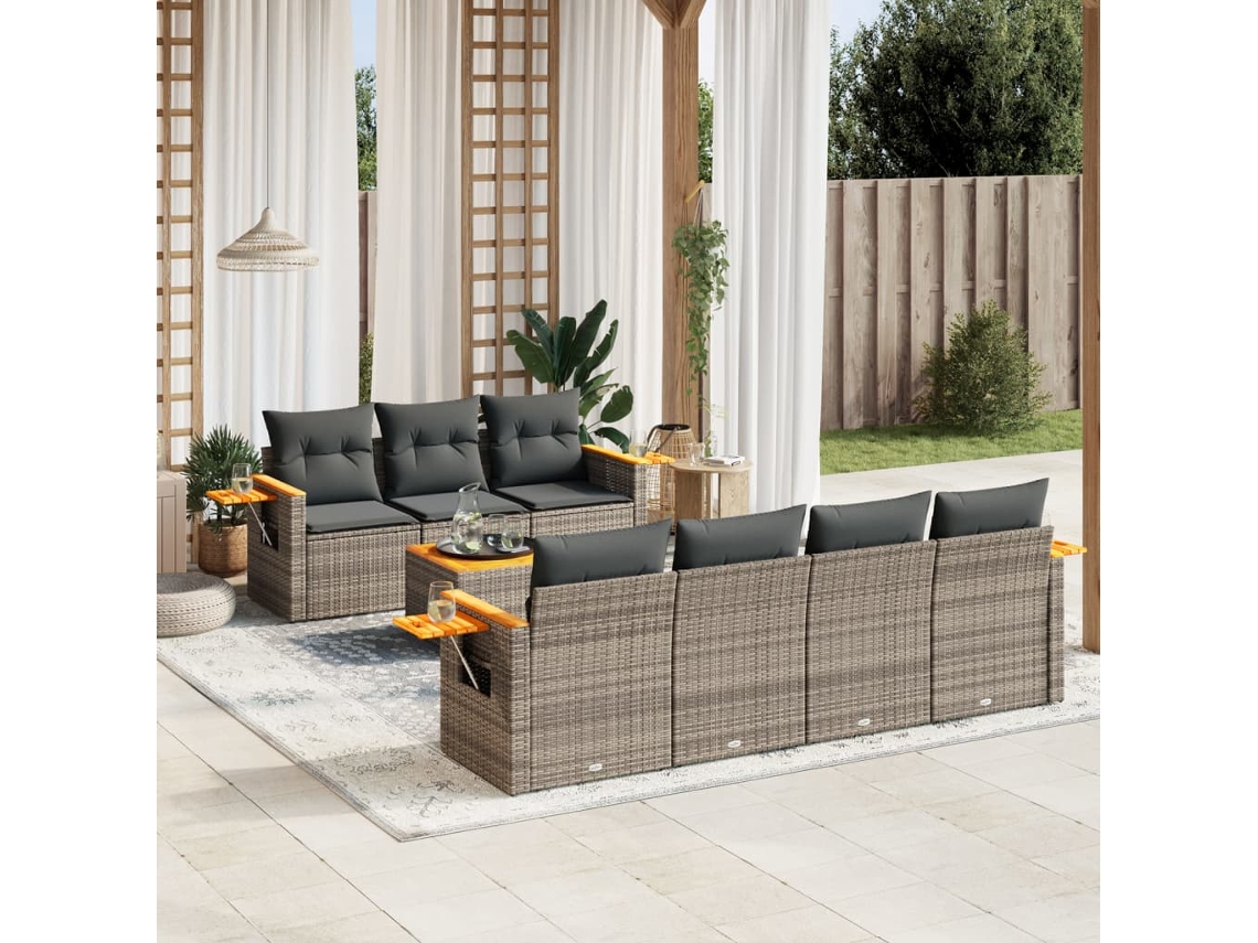 Vidaxl 8 Pcs Conjunto Sofás De Jardim C/ Almofadões Vime Pe Cinzento