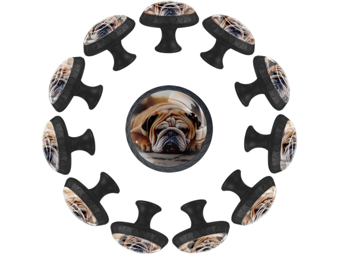 Puxadores E Maçanetas Redondas Para Armários De Cozinha, Conjunto De 12 Peças, Com Desenho De Um Bulldog Dormindo No