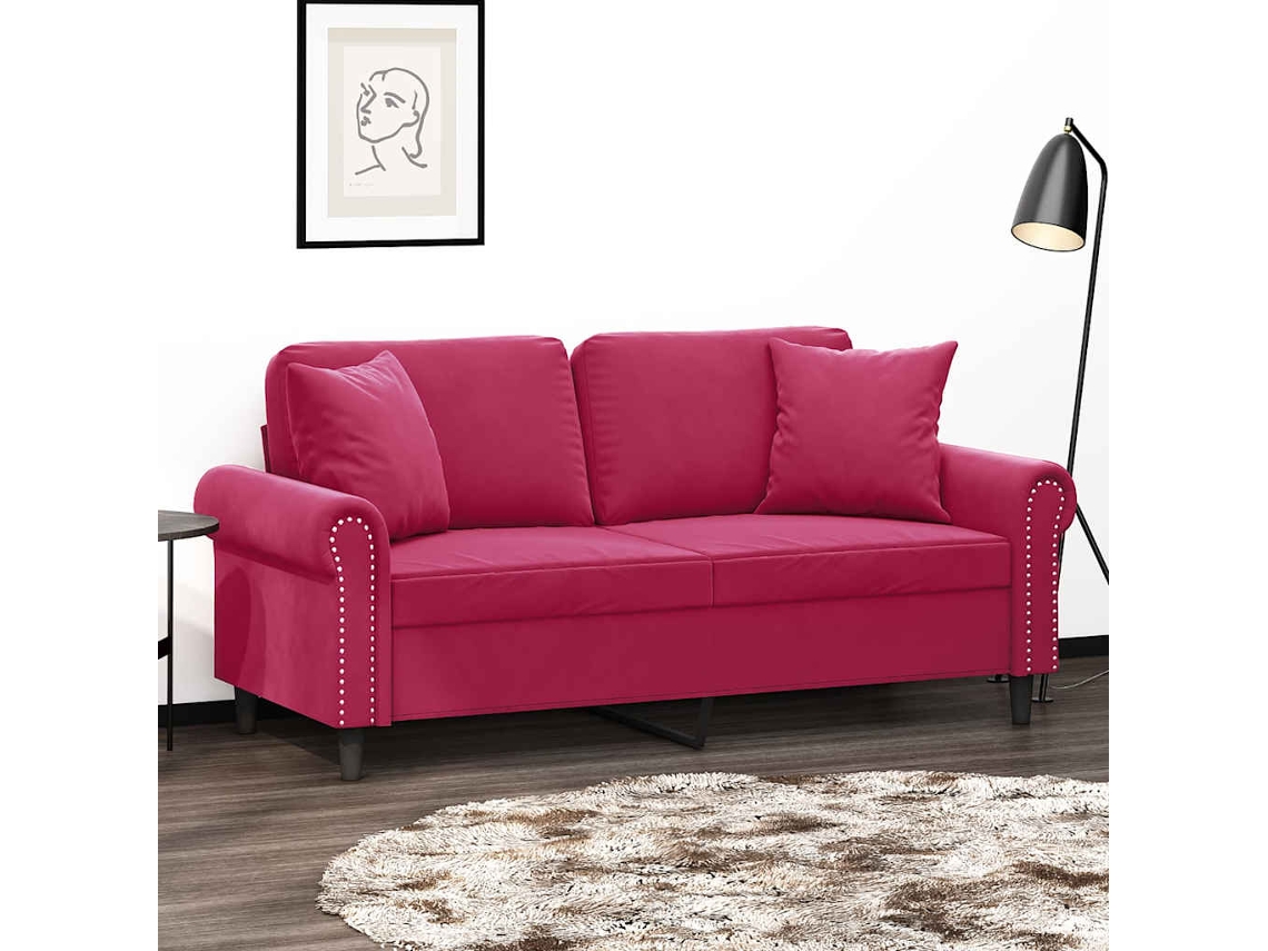 Vidaxl Sofá 2 Lug. + Almofadas Decorativas 140cm Veludo Vermelho Tinto