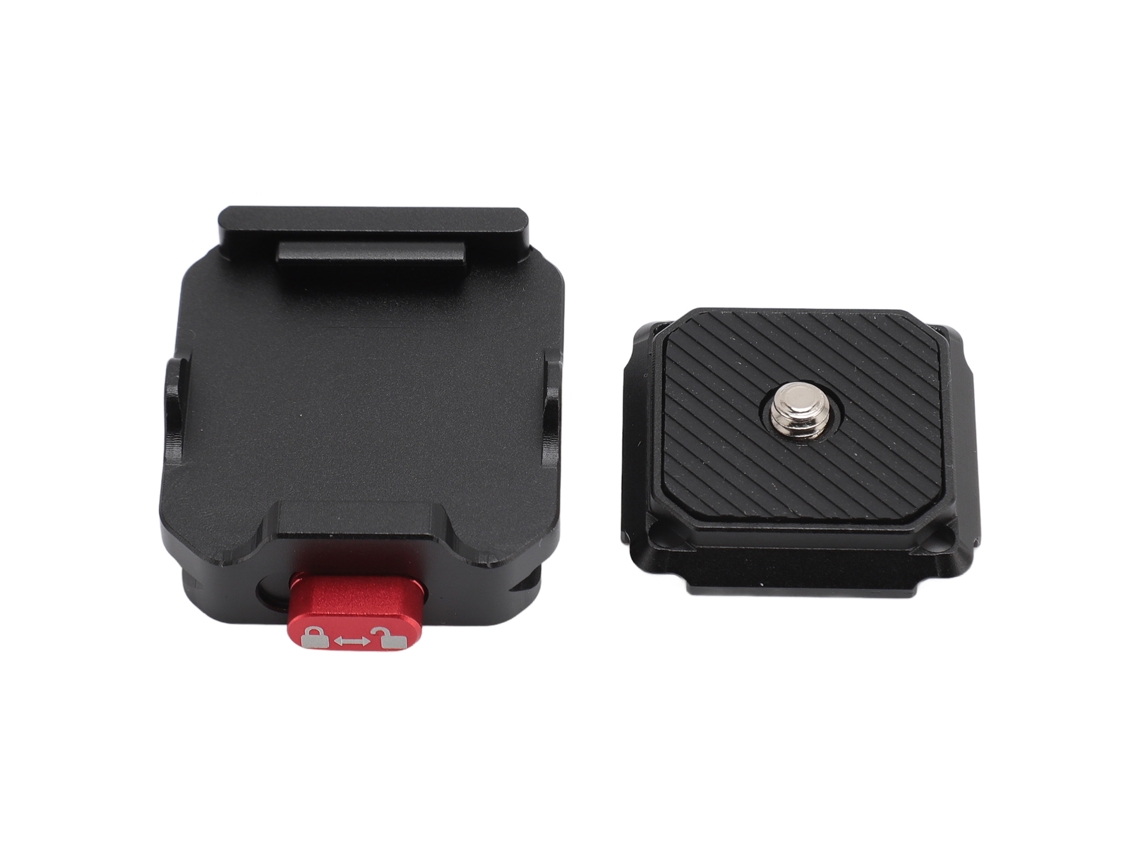 Placa de liberação rápida Arca 2026 em alumínio com rosca de 1/4" e 3/8" para câmeras DSLR, estabilizadores e tripés.