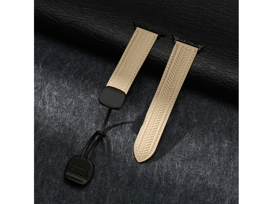 Pulseira De Couro Genuíno Com Padrão Grãos Trigo, Compatível Com Apple Watch S11, Huawei Gt6, Xiaomi S4 E Ultra Creme