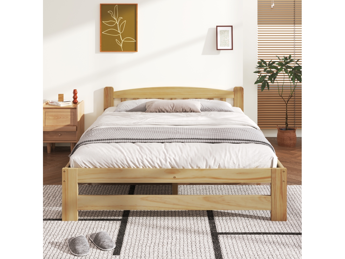 Cama Futon De Madeira Maciça Natural, Casal, Com Cabeceira E Estrado. Cama Juvenil E Adulto, 140x200 Cm.