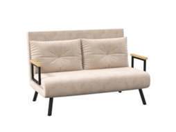 Sofá cama de 2 lugares, encosto ajustável, 2 almofadas, veludo, bege
