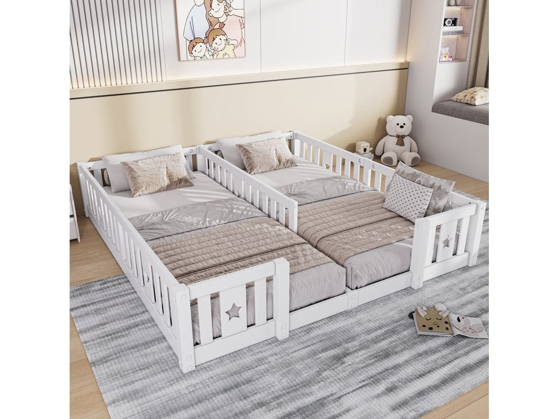 Cama Infantil 90x200 cm Branca, Madeira Maciça, Grades de Proteção, Estrado de Ripas e Estampa de Estrelas
