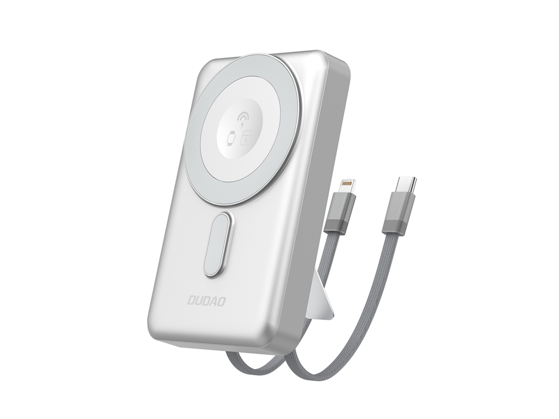 Powerbank DUDAO K29 10000mAh Magsafe, metal, suporte, cabos USB-C, Lightning, PD 20W, prata