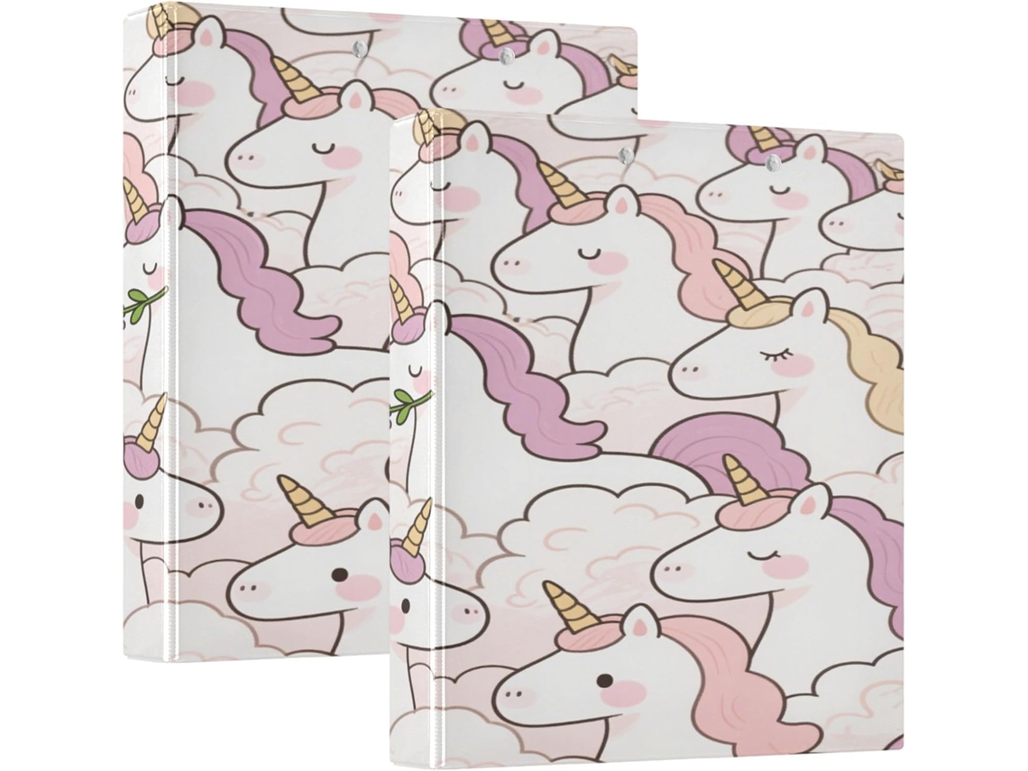 Pasta Escolar Branca De 1, 5 Polegadas Com Desenho De Unicórnio, Três Argolas E Bolsos, Pacote Com 1 2 Unidades, Capa