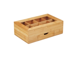 Relaxdays Teebox Em Bambu, Tampa Com Janela, 8 Compartimentos, Caixa Com Gaveta Axlxp 11x33x20 Cm, Natural